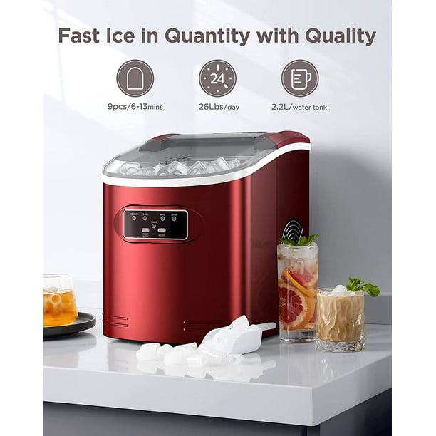 Portable Ice Makers Countertop, 9pcs/6min, 26lbs/24h, w/ 2 Sizes Bullet-Shaped Ice, Self-Cleaning, w/Scoop & Basket for Home, Kitchen, Office, Bar, Party, Red - Walmart.com