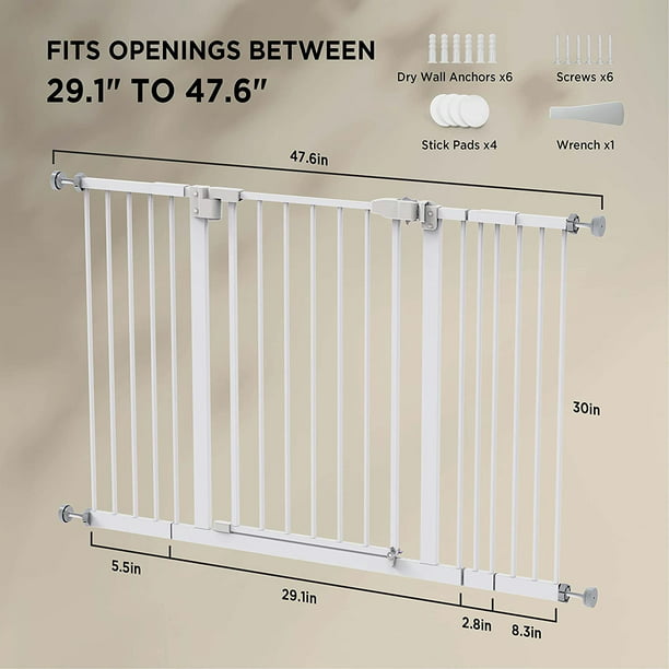 30" Height Baby Gate 29.1" to 47.6" Extra Wide Dog Gate with 2.8/5.5/8.3 Inch Extension kit for Stairs, Hallways, Bedrooms, White - Walmart.com