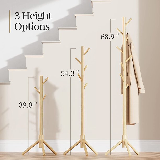 Coat Rack Stand with 3 Height Options and 8 Hooks Wooden Freestanding Coat Rack for Home, Office, Entryway, Hallway - Walmart.com