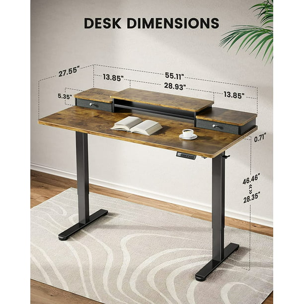 Height Adjustable Electric Standing Desk with Monitor Stand, 2 Drawers and Storage Shelf 55x28 Inches Sit Stand Up Desk, Vintage Brown - Walmart.com