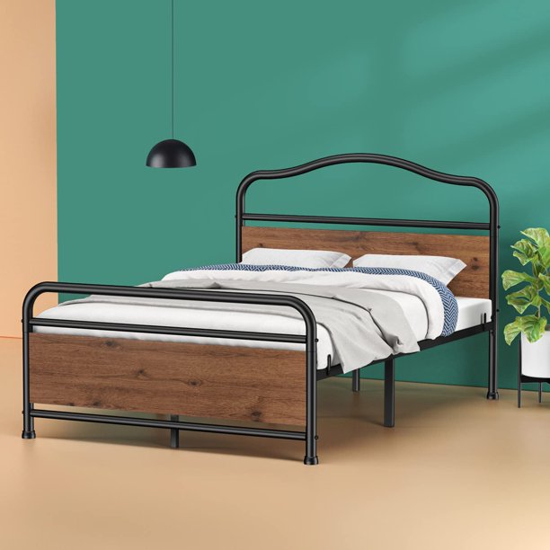 Full Size Metal Bed Frame No Box Spring Needed Platform Bed Frame with Sturdy Wood Headboard and Footboard, Black - Walmart.com