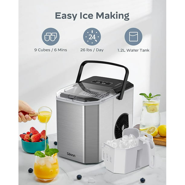 Countertop Ice Maker Machine with Handle, 9pcs/6min, 26lbs/24h, W/2 Sizes Bullet-Shaped Ice, W/Scoop & Basket, Self-Cleaning, Silver - Walmart.com