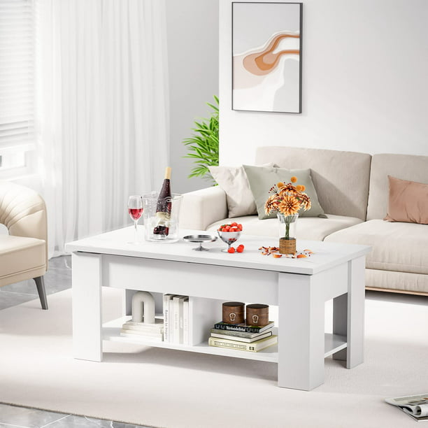 39.4" Lift Top Coffee Table with Storage Compartment and Shelves for Living Room, White - Walmart.com