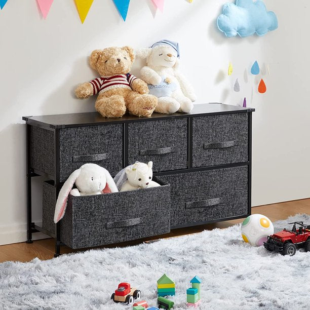 5 Drawer Fabric Dresser Wide Storage Tower with Wood Top Organizer Unit for Closet, Hallway, Entryway, Nursery Room, Bedroom, Living Room - Walmart.com
