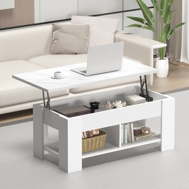 39.4" Lift Top Coffee Table with Storage Compartment and Shelves for Living Room, White - Walmart.com