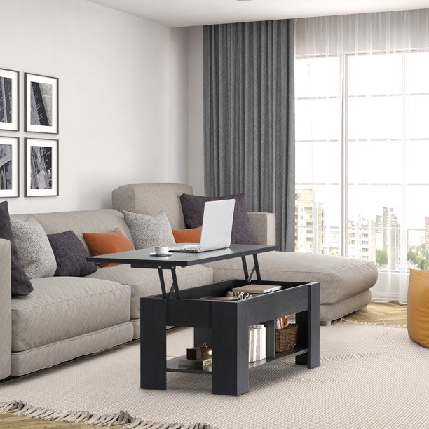 39.4" Lift Top Coffee Table with Storage Compartment and Shelves for Living Room, Black - Walmart.com