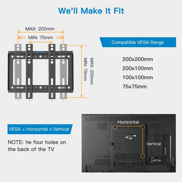 Fixed TV Wall Mount Bracket for 17-42 Inch LED, LCD, OLED, 4K Flat Curved Screen TVs Hold up to 66lbs, Max 200x200mm - Walmart.com