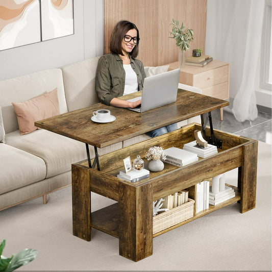39.4" Lift Top Coffee Table with Storage Compartment and Shelves for Living Room, Vintage Brown - Walmart.com