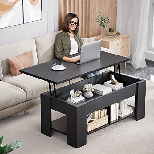 39.4" Lift Top Coffee Table with Storage Compartment and Shelves for Living Room, Black - Walmart.com