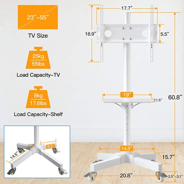 Mobile TV Cart with Wheels Height Adjustable Rolling TV Stand for 23 to 60 inch Flat Panel TVs, White - Walmart.com