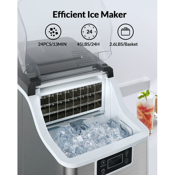 Ice Makers Countertop, 24pcs/13min, 45lbs/24h, 2 Ways to Add Water, Self-Cleaning, w/Scoop & Basket for Home, Kitchen, Office, Bar, Party - Walmart.com