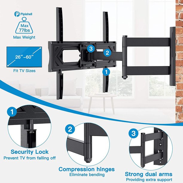 Full Motion TV Wall Mount for Most 26-60 Inch TVs Single Articulating Arms TV Bracket, Hold up to 77lbs, Max 400x400mm, Support Swivel, Tilt, Level Adjustment - Walmart.com