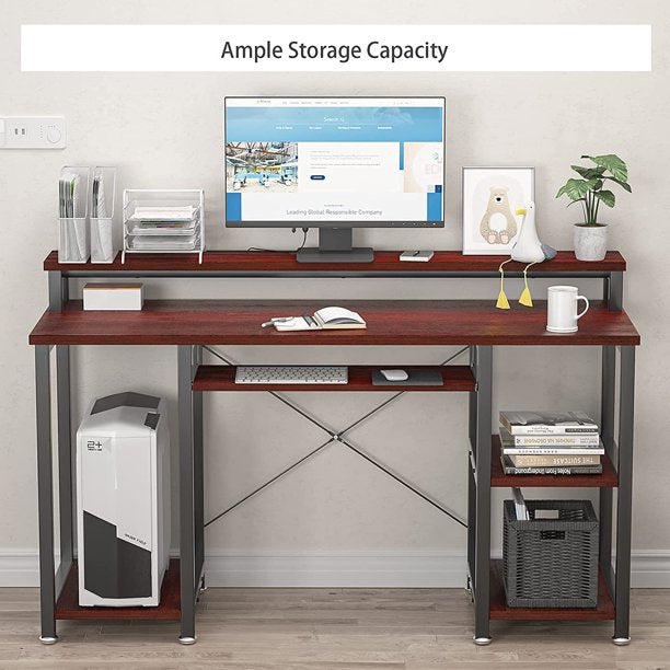 47" Computer Desk with Monitor Stand, Storage Shelves and Keyboard Tray Studying Writing Table for Home Office, Cherry - Walmart.com