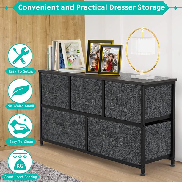 5 Drawer Fabric Dresser Wide Storage Tower with Wood Top Organizer Unit for Closet, Hallway, Entryway, Nursery Room, Bedroom, Living Room - Walmart.com