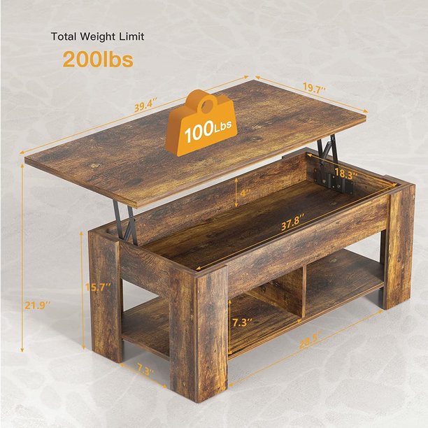 39.4" Lift Top Coffee Table with Storage Compartment and Shelves for Living Room, Vintage Brown - Walmart.com
