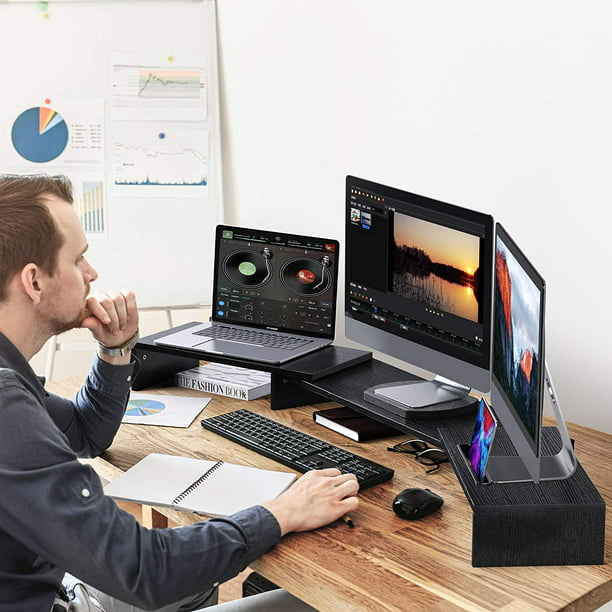 Triple Monitor Stand Riser with 2 Slots for Phone & Tablet Adjustable Computer Stand for Computer, Screen, Tablet, Printer - Walmart.com
