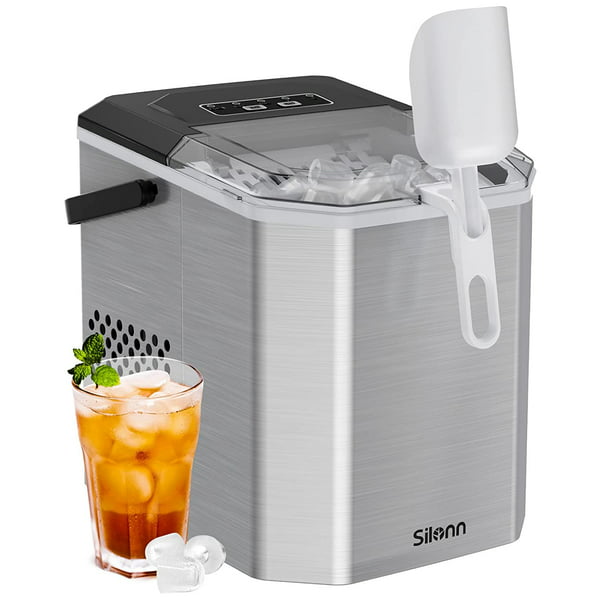 Countertop Ice Maker Machine with Handle, 9pcs/6min, 26lbs/24h, W/2 Sizes Bullet-Shaped Ice, W/Scoop & Basket, Self-Cleaning, Silver - Walmart.com