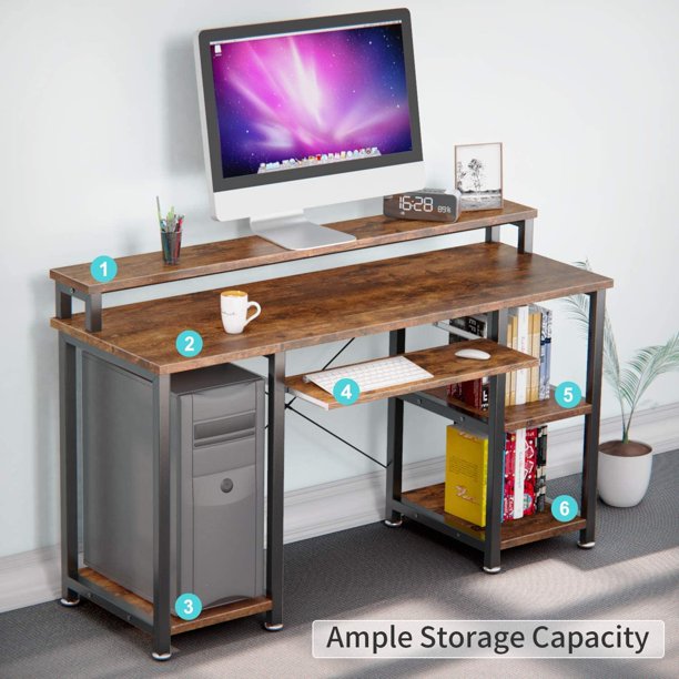 47" Computer Desk with Monitor Stand, Storage Shelves and Keyboard Tray Studying Writing Table for Home Office, Rustic Brown - Walmart.com