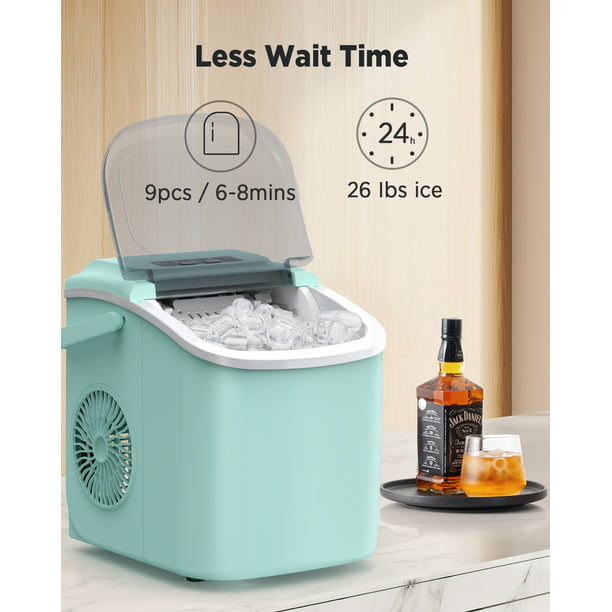 Ice Makers Countertop with Handle, 9pcs/6min, 26lbs/24h, w/ 2 Sizes Bullet-Shaped Ice, Self-Cleaning, w/Scoop & Basket for Home, Kitchen, Office, Bar, Party, Green - Walmart.com