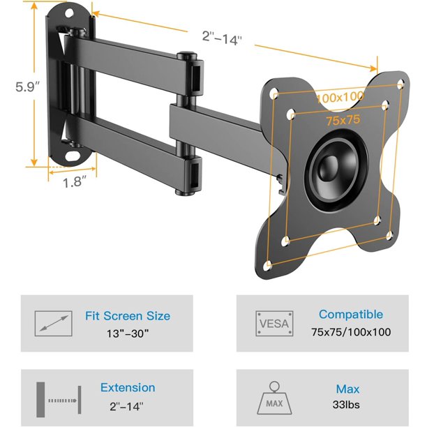 Full Motion TV Wall Mount Bracket for Most 13-30 inch TVs Monitors, Holds up to 33lbs, Max 100x100mm - Walmart.com