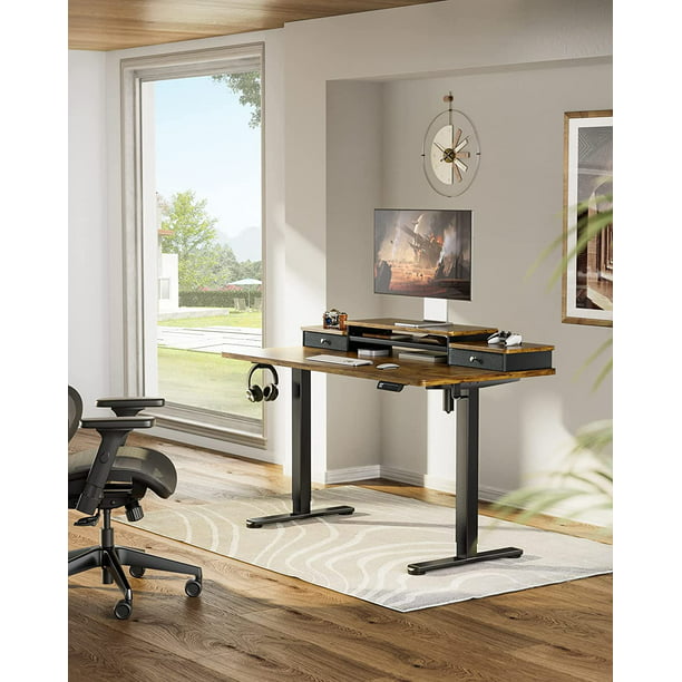 Height Adjustable Electric Standing Desk with Monitor Stand, 2 Drawers and Storage Shelf 55x28 Inches Sit Stand Up Desk, Vintage Brown - Walmart.com