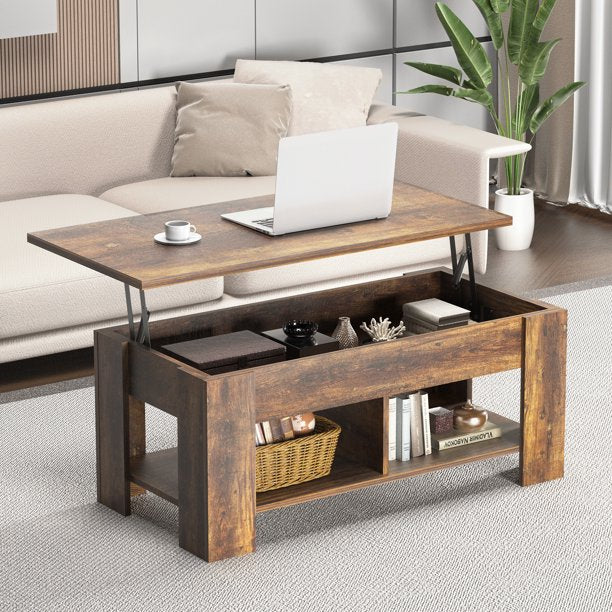 39.4" Lift Top Coffee Table with Storage Compartment and Shelves for Living Room, Vintage Brown - Walmart.com