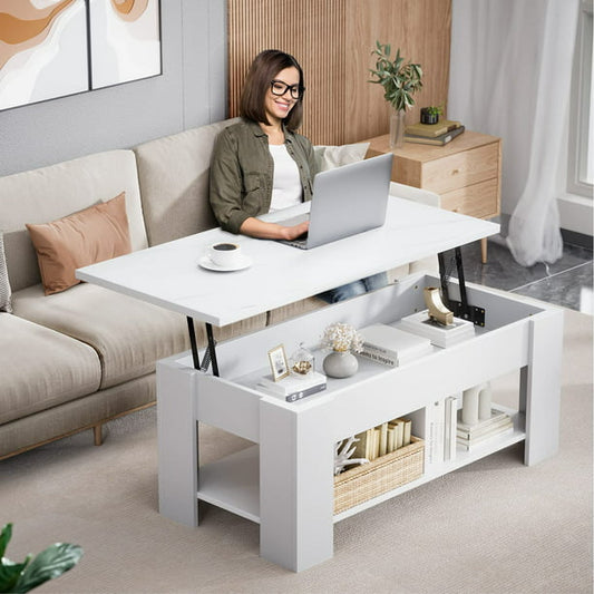 39.4" Lift Top Coffee Table with Storage Compartment and Shelves for Living Room, White - Walmart.com