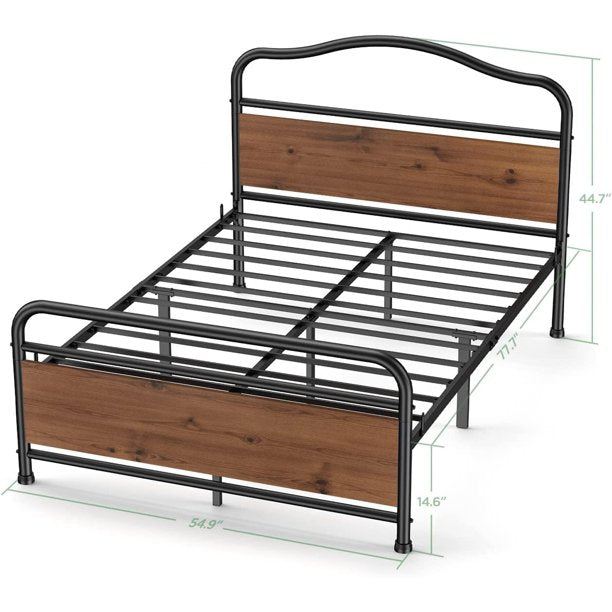 Full Size Metal Bed Frame No Box Spring Needed Platform Bed Frame with Sturdy Wood Headboard and Footboard, Black - Walmart.com