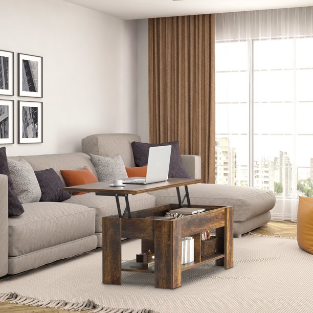 39.4" Lift Top Coffee Table with Storage Compartment and Shelves for Living Room, Vintage Brown - Walmart.com