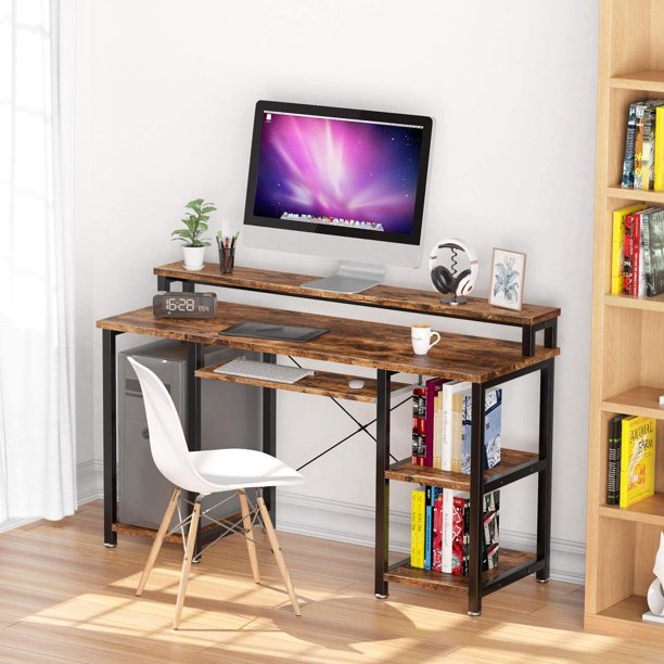 47" Computer Desk with Monitor Stand, Storage Shelves and Keyboard Tray Studying Writing Table for Home Office, Rustic Brown - Walmart.com