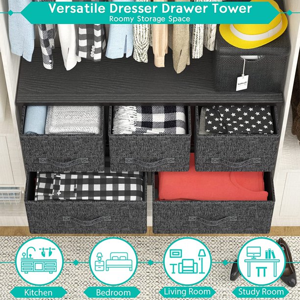 5 Drawer Fabric Dresser Wide Storage Tower with Wood Top Organizer Unit for Closet, Hallway, Entryway, Nursery Room, Bedroom, Living Room - Walmart.com