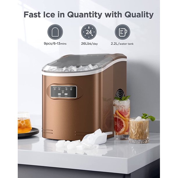 Portable Ice Makers Countertop, 9pcs/6min, 26lbs/24h, w/ 2 Sizes Bullet-Shaped Ice, Self-Cleaning, w/Scoop & Basket for Home, Kitchen, Office, Bar, Party, Bronze - Walmart.com